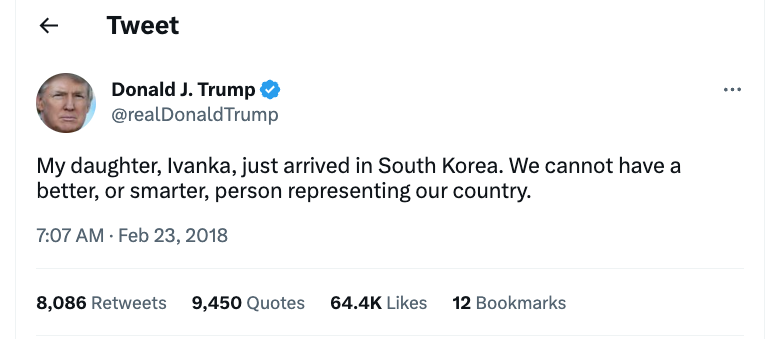 Donald Trump tweet about daughter Ivanka arriving in South Korea