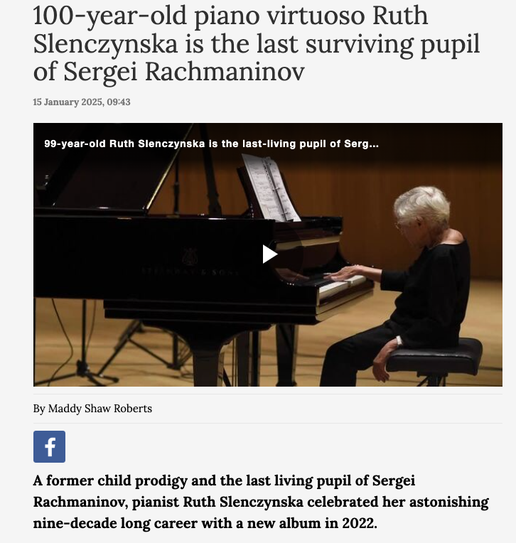 Screen shot of article a bout Ruth Slenczynska, last living student of Sergei Rachmaninov, age 100